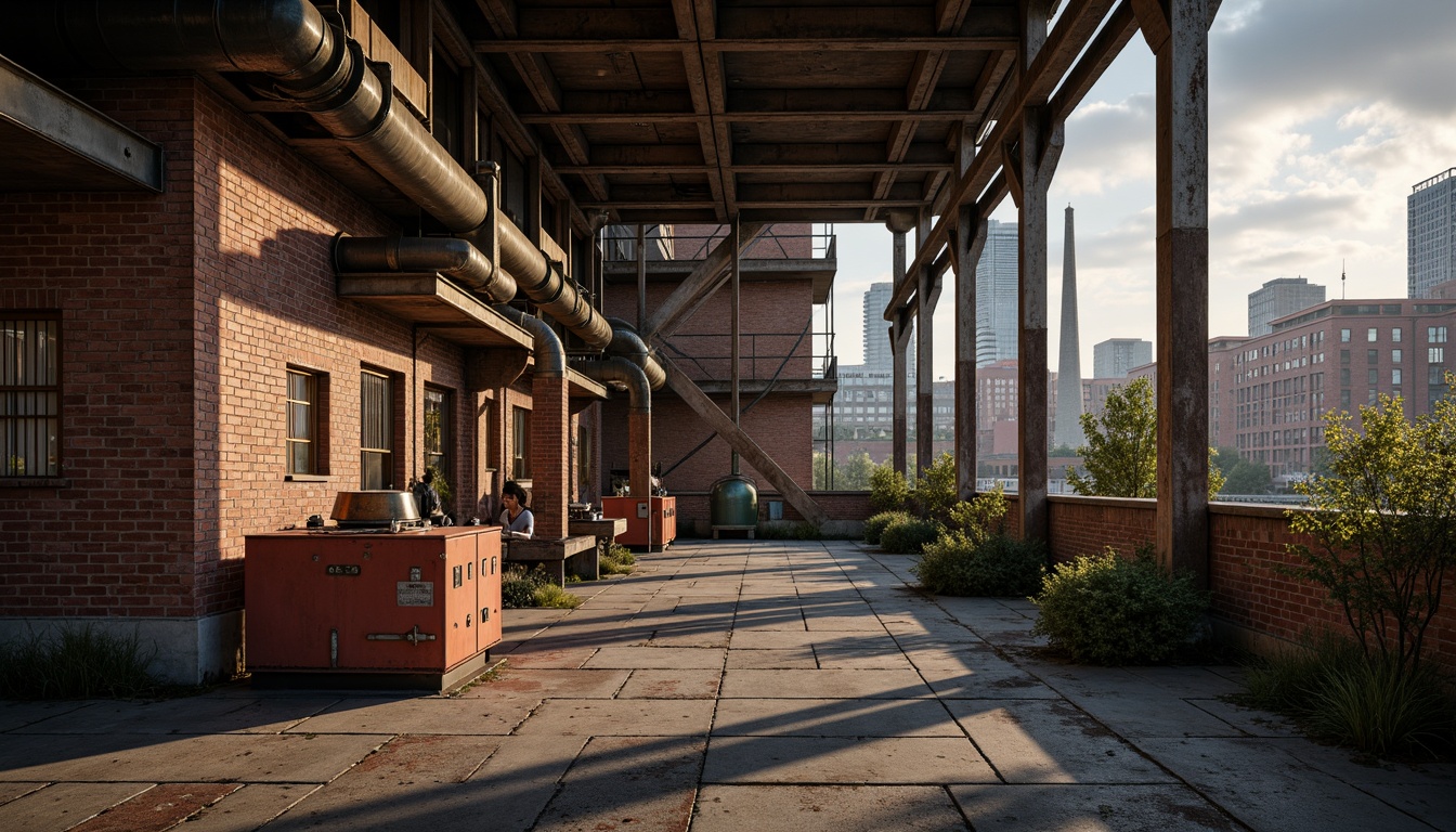 Prompt: Industrial factory setting, exposed brick walls, metal beams, worn wooden floors, distressed concrete textures, vintage machinery, rusty pipes, urban cityscape, cloudy grey skies, warm golden lighting, shallow depth of field, 1/2 composition, realistic materials, ambient occlusion, muted color palette, earthy tones, weathered steel blues, faded reds, industrial greens, creamy whites, rich browns.