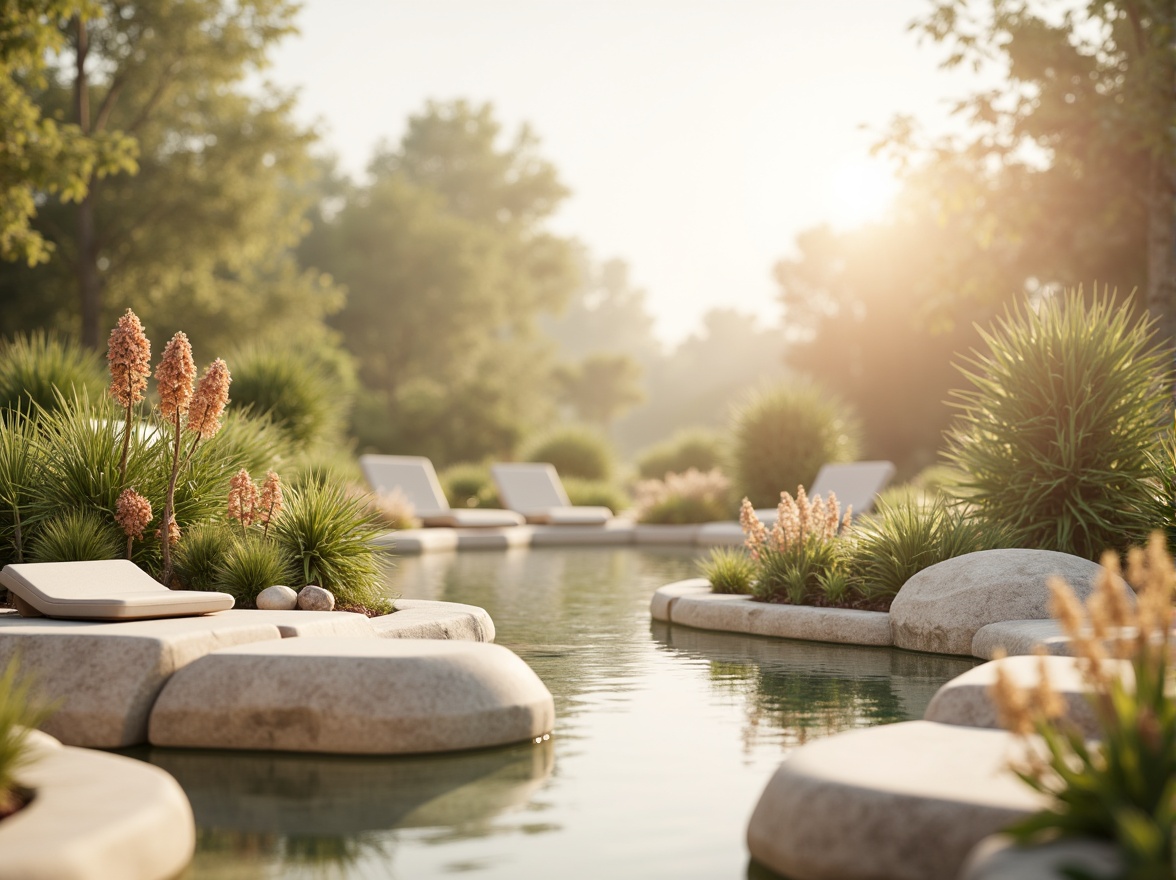 Prompt: Soft pastel hues, calming atmosphere, serene natural surroundings, gentle water features, lush greenery, vibrant flowers, warm beige tones, creamy whites, soft peach accents, subtle texture overlays, organic shapes, minimalist composition, shallow depth of field, 1/1 aspect ratio, realistic renderings, ambient occlusion, warm golden lighting, soft focus effects.