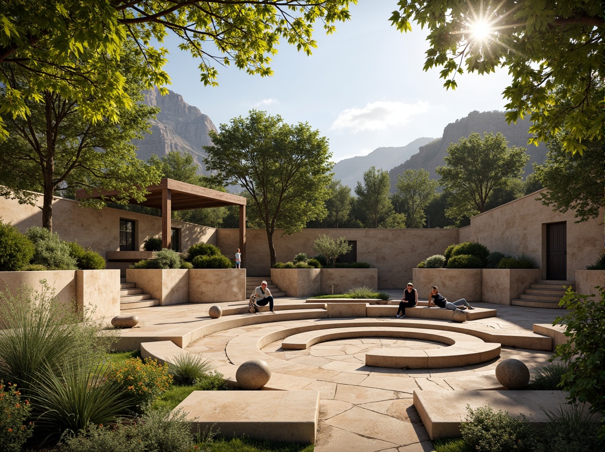 Prompt: Organic amphitheater, natural stone seating, lush greenery, curved lines, earthy tones, warm beige colors, rustic wooden accents, soft diffused lighting, dappled shade, afternoon sunbeams, gentle breeze, open-air atmosphere, panoramic views, 3/4 composition, shallow depth of field, realistic textures, ambient occlusion.