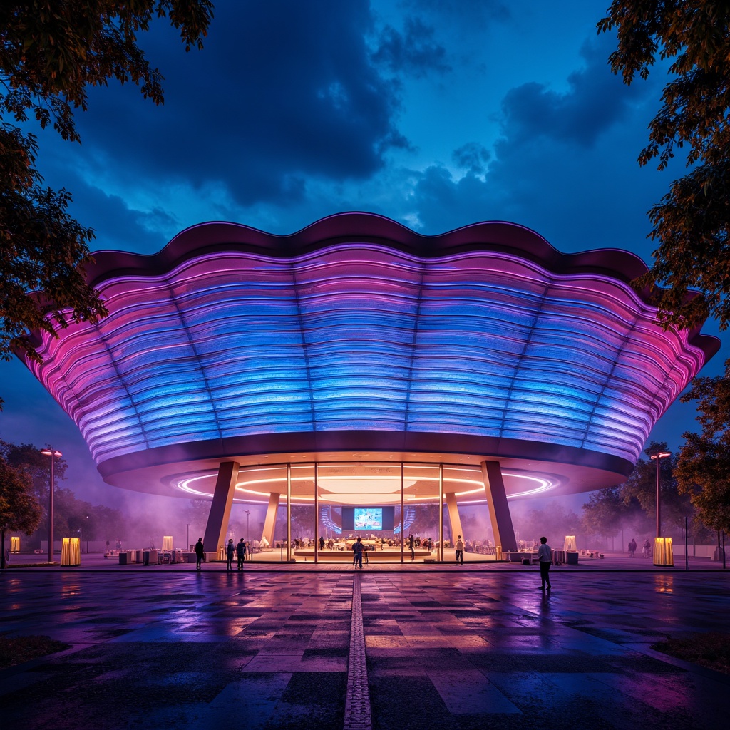 Prompt: Vibrant stadium facade, dynamic curves, bold angular lines, futuristic expressionist architecture, neon-lit LED lights, iridescent colors, abstract geometric patterns, undulating waves, sweeping arches, cantilevered structures, dramatic shadows, high-contrast lighting, atmospheric mist, 1/2 composition, low-angle shot, cinematic mood, detailed textures, ambient occlusion.