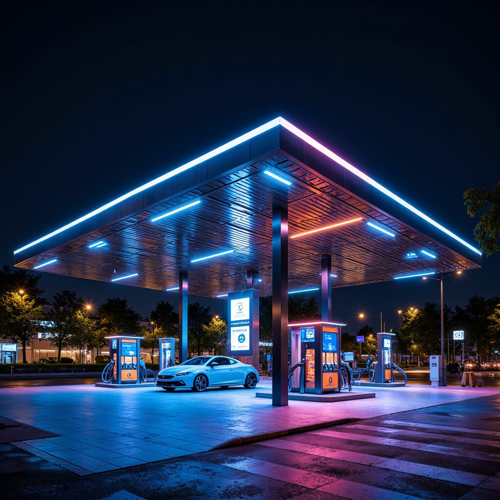 Prompt: Futuristic gas station, sleek metal canopy, neon LED lights, dynamic color-changing effects, modern minimalist architecture, angular lines, reflective glass surfaces, high-gloss finishes, stainless steel accents, futuristic fuel pumps, digital display screens, electronic payment systems, urban cityscape, night scene, dramatic shadows, high-contrast lighting, 1/1 composition, shallow depth of field, realistic textures, ambient occlusion.