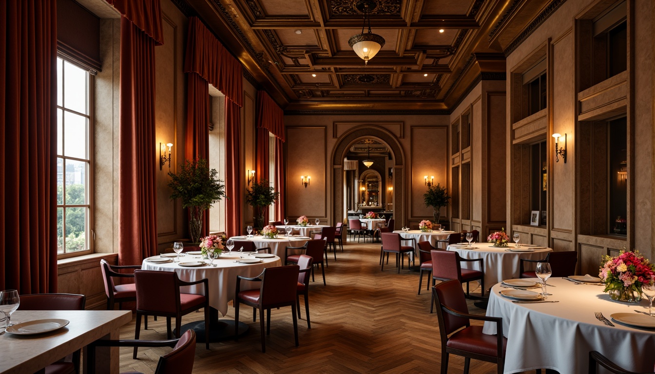 Prompt: Elegant dining hall, luxurious velvet drapes, polished wooden floors, refined marble tables, plush cushioned chairs, ornate metal fixtures, warm ambient lighting, soft golden hues, intimate cozy atmosphere, fine china dinnerware, crystal glassware, white linen tablecloths, fresh floral arrangements, aromatic scented candles, subtle background music, 1/1 composition, shallow depth of field, realistic textures, ambient occlusion.