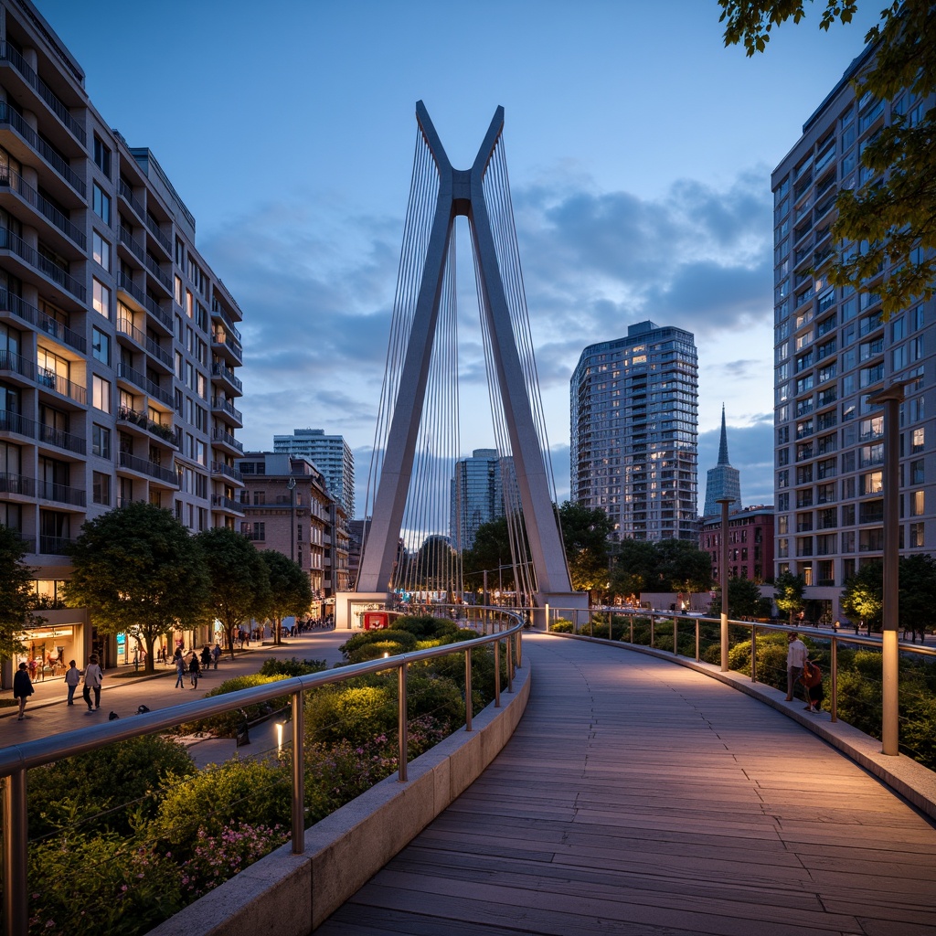 Prompt: Curved pedestrian bridge, sleek metal railings, wooden decking, modern urban landscape, city skyline, vibrant streetlights, bustling streets, dynamic structural elements, cantilevered sections, suspension cables, geometric shapes, minimalist design, functional lighting, safety features, accessible ramps, staircases, observation decks, panoramic views, realistic textures, ambient occlusion, shallow depth of field, 3/4 composition.