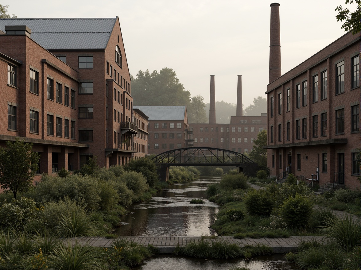 Prompt: Industrial factory complex, rustic brick buildings, corrugated metal roofs, worn concrete walls, vintage machinery, abandoned chimneys, overgrown vegetation, wildflowers, meandering streams, misty atmosphere, soft warm lighting, shallow depth of field, 3/4 composition, panoramic view, realistic textures, ambient occlusion, regionalism-inspired architecture, modern industrial design, functional spaces, exposed ductwork, metal catwalks, reclaimed wood accents, earthy color palette, natural stone pathways, weathered steel bridges.