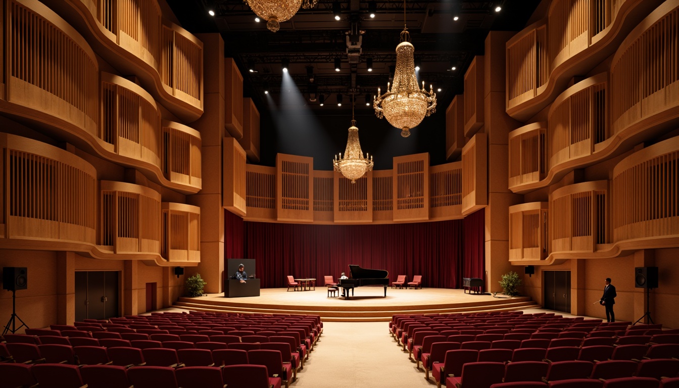 Prompt: Intimate concert hall, wooden acoustic panels, sound-absorbing materials, curved lines, minimalist decor, warm ambient lighting, shallow stage, grand piano, professional audio equipment, high ceilings, ornate chandeliers, plush red seats, velvet curtains, dramatic spotlights, 1/1 composition, soft focus, realistic textures, subtle reflections.