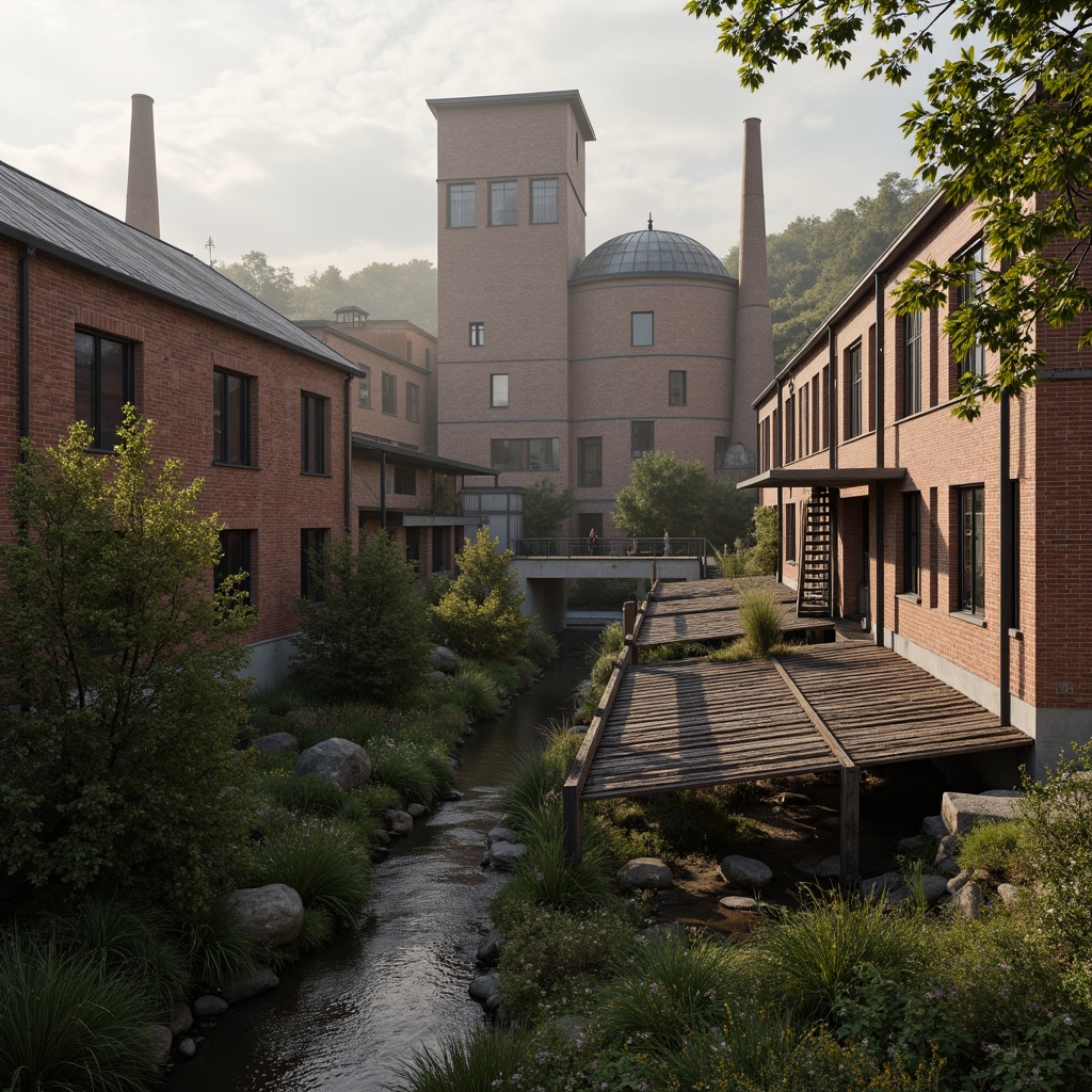 Prompt: Industrial factory complex, rustic brick buildings, corrugated metal roofs, worn concrete walls, vintage machinery, abandoned chimneys, overgrown vegetation, wildflowers, meandering streams, misty atmosphere, soft warm lighting, shallow depth of field, 3/4 composition, panoramic view, realistic textures, ambient occlusion, regionalism-inspired architecture, modern industrial design, functional spaces, exposed ductwork, metal catwalks, reclaimed wood accents, earthy color palette, natural stone pathways, weathered steel bridges.