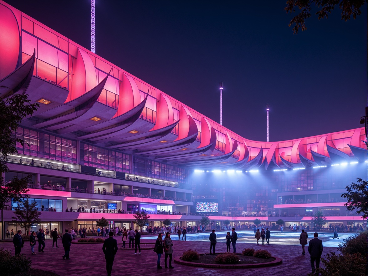 Prompt: Vibrant stadium facade, dynamic curves, bold angular lines, futuristic expressionist architecture, neon-lit LED lights, iridescent colors, abstract geometric patterns, undulating waves, sweeping arches, cantilevered structures, dramatic shadows, high-contrast lighting, atmospheric mist, 1/2 composition, low-angle shot, cinematic mood, detailed textures, ambient occlusion.