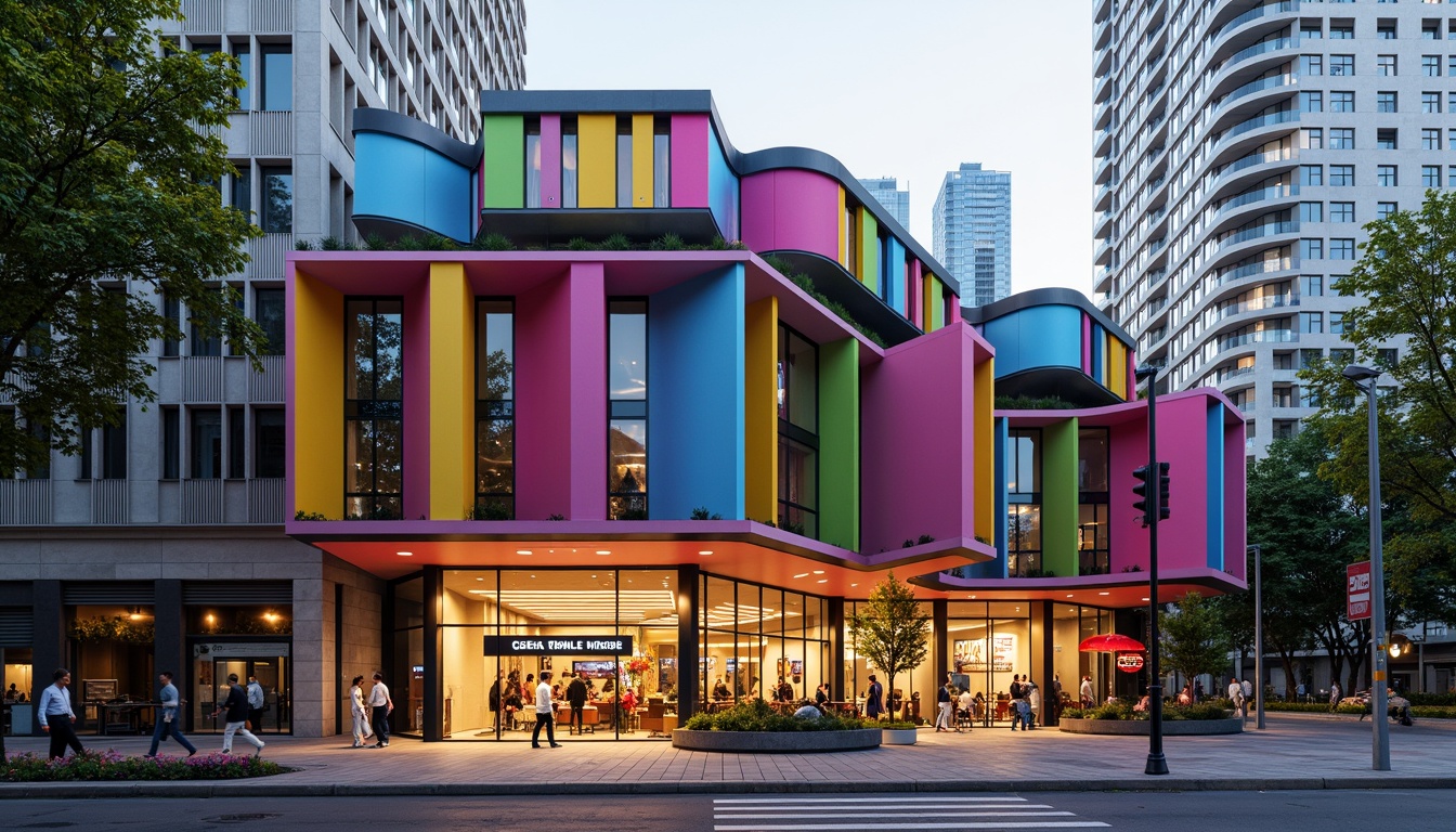 Prompt: Vibrant fitness club facade, bold color blocking, irregular shapes, fragmented forms, playful typography, neon lights, metallic accents, glass brick walls, cantilevered structures, asymmetrical composition, dynamic curves, urban cityscape, bustling streets, morning sunlight, shallow depth of field, 1/1 composition, realistic textures, ambient occlusion.