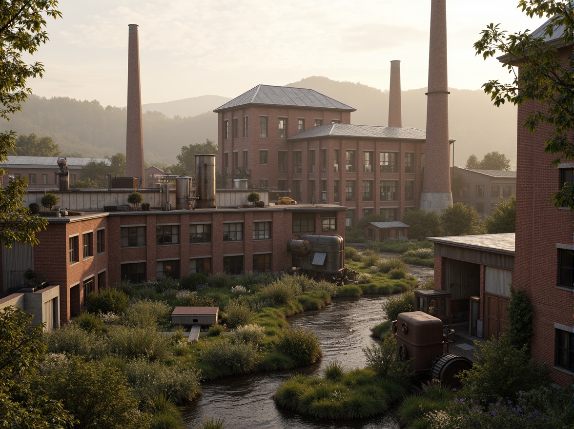 Prompt: Industrial factory complex, rustic brick buildings, corrugated metal roofs, worn concrete walls, vintage machinery, abandoned chimneys, overgrown vegetation, wildflowers, meandering streams, misty atmosphere, soft warm lighting, shallow depth of field, 3/4 composition, panoramic view, realistic textures, ambient occlusion, regionalist architectural style, functional simplicity, earthy color palette, distressed finishes, reclaimed wood accents, metal cladding, industrial heritage, nostalgic ambiance.