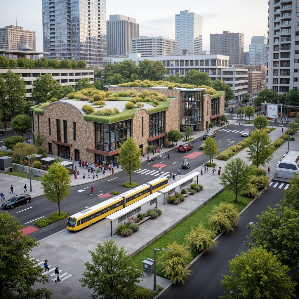 Prompt: Vibrant transportation hub, lush green roofs, natural stone walls, modern architecture, large windows, glass facades, bustling streets, pedestrian walkways, cyclist lanes, public art installations, urban furniture, dynamic lighting systems, shallow depth of field, 3/4 composition, panoramic view, realistic textures, ambient occlusion, integrated landscape design, native plant species, rainwater harvesting systems, green infrastructure, eco-friendly materials, sustainable transportation solutions, electric vehicle charging stations, futuristic train stations, bus rapid transit systems.