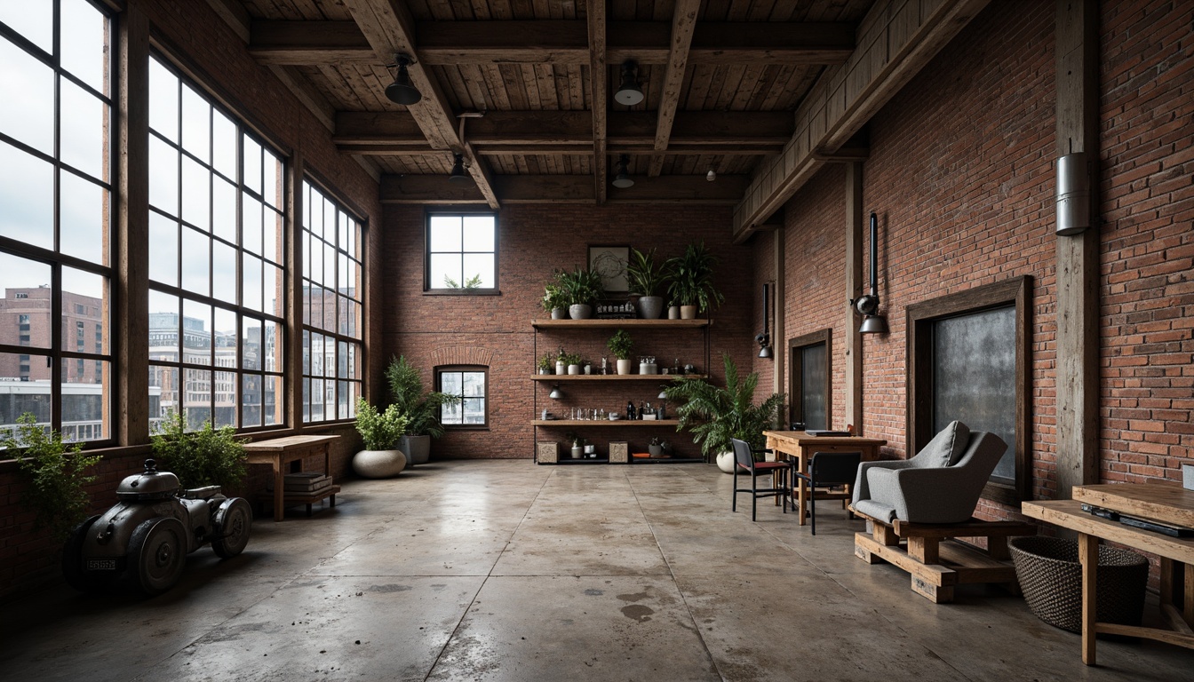 Prompt: Rustic industrial warehouse, exposed brick walls, metal beams, reclaimed wood accents, distressed concrete floors, vintage machinery, functional pipes, urban cityscape, cloudy grey sky, soft natural lighting, shallow depth of field, 1/1 composition, realistic textures, ambient occlusion, weathered steel surfaces, rough-hewn stone walls, industrial-style lighting fixtures, metallic color palette, utilitarian design aesthetic.