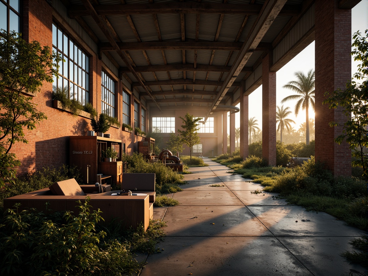 Prompt: Rustic industrial landscape, abandoned factories, distressed brick walls, corrugated metal roofs, worn wooden beams, vintage machinery, urban decay, overgrown vegetation, gritty urban atmosphere, warm golden lighting, shallow depth of field, 1/2 composition, cinematic view, realistic textures, ambient occlusion, nostalgic mood, retro-futuristic elements, exposed ductwork, concrete floors, steel columns, reclaimed wood accents, industrial chic aesthetic.