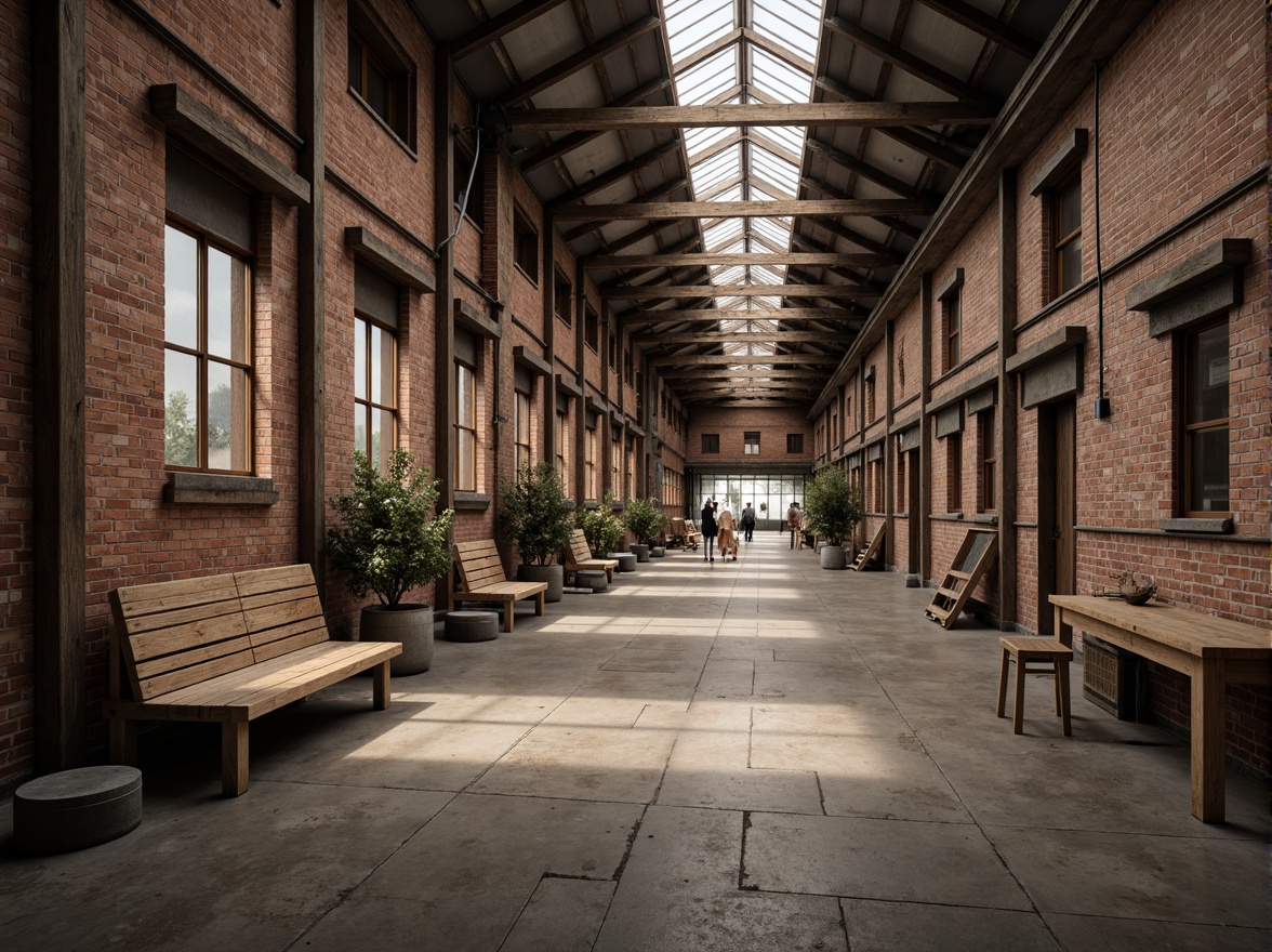 Prompt: Rustic industrial landscape, abandoned factories, worn brick walls, distressed metal roofs, reclaimed wood accents, earthy tones, natural textures, regional materials, local craftsmanship, exposed ductwork, concrete floors, steel beams, functional minimalism, industrial chic aesthetic, warm soft lighting, shallow depth of field, 1/1 composition, realistic renderings, ambient occlusion.