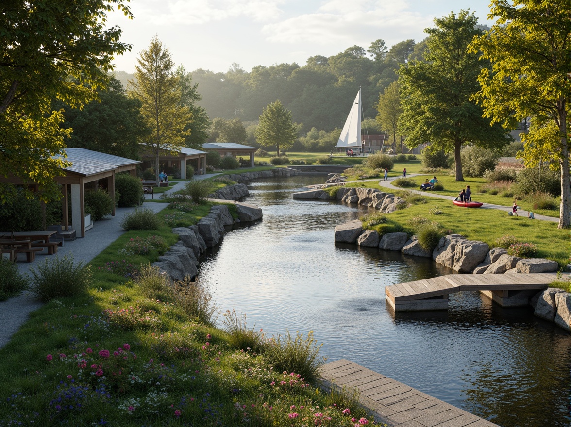 Prompt: Riverbank landscape, lush green vegetation, serene water flow, natural stone walls, wooden docks, sailboats, kayaks, paddleboards, scenic walking paths, benches, picnic areas, vibrant flowers, blooming trees, sunny day, soft warm lighting, shallow depth of field, 3/4 composition, panoramic view, realistic textures, ambient occlusion, gentle river breeze, misty atmosphere, rustic wooden bridges, meandering river streams, tranquil water reflections.