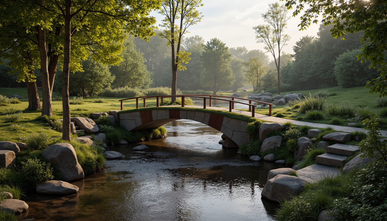 Prompt: Curved organic bridge, natural stone foundations, lush greenery surroundings, serene water flow, gentle stream crossings, wooden railings, rustic metal accents, earthy color palette, blended landscape integration, soft warm lighting, misty morning atmosphere, shallow depth of field, 1/1 composition, realistic textures, ambient occlusion.