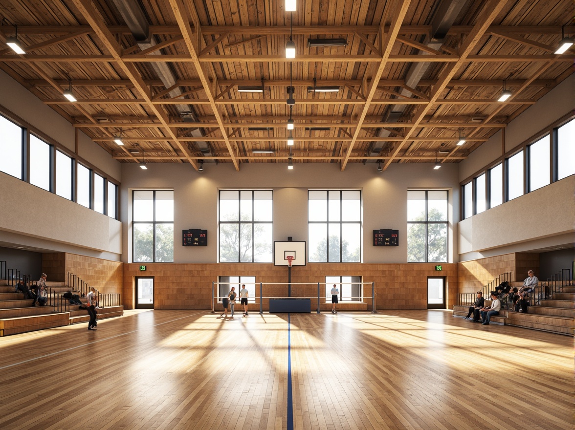 Prompt: Modern gymnasium interior, wooden flooring, sound-absorbing panels, acoustic ceiling tiles, reverberation reduction systems, echo-minimizing design, natural ventilation, large windows, abundant daylight, athletic equipment, basketball hoops, volleyball nets, spectator seating, scoreboards, electronic displays, warm color scheme, soft indirect lighting, shallow depth of field, 1/2 composition, realistic textures, ambient occlusion.