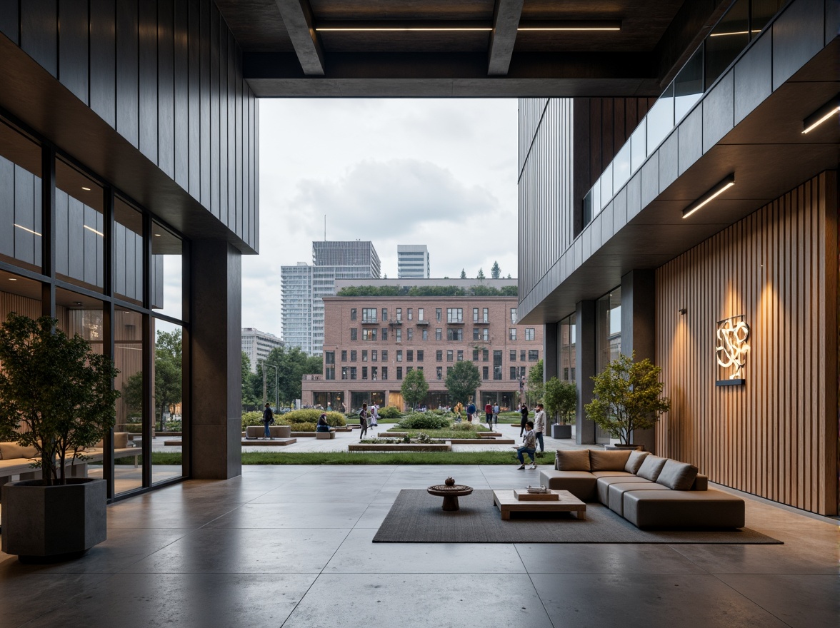 Prompt: Polished concrete floors, exposed steel beams, industrial metal cladding, sleek glass facades, minimalist wooden accents, natural stone walls, brutalist architecture, urban cityscape, overcast sky, dramatic shadows, high-contrast lighting, 1/1 composition, symmetrical framing, realistic reflections, ambient occlusion, modern furniture, geometric patterns, monochromatic color scheme, abstract art installations.