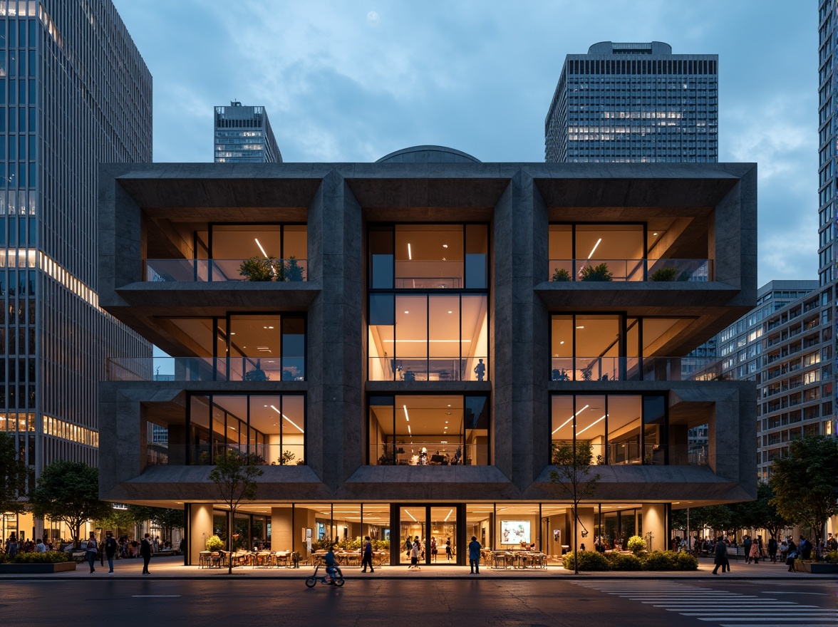 Prompt: Rhythmic concert house, brutalist architecture, raw concrete textures, angular lines, geometric shapes, industrial materials, metallic accents, dynamic lighting effects, urban cityscape, evening atmosphere, warm golden hour, shallow depth of field, 1/2 composition, symmetrical framing, high-contrast colors, abstract patterns, avant-garde design elements.