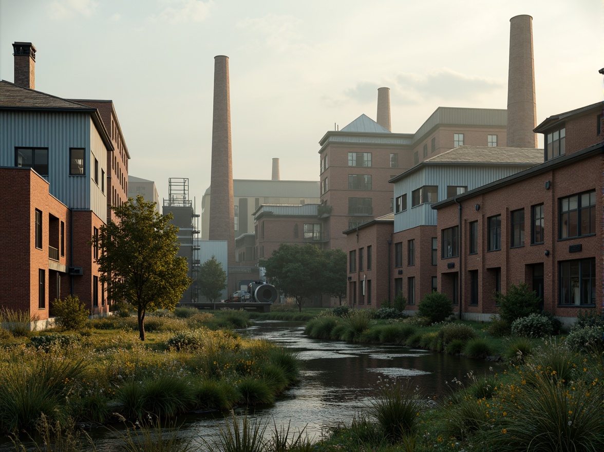 Prompt: Industrial factory complex, rustic brick buildings, corrugated metal roofs, worn concrete walls, vintage machinery, abandoned chimneys, overgrown vegetation, wildflowers, meandering streams, misty atmosphere, soft warm lighting, shallow depth of field, 3/4 composition, panoramic view, realistic textures, ambient occlusion, regionalist architectural style, functional simplicity, earthy color palette, distressed finishes, reclaimed wood accents, metal cladding, industrial heritage, nostalgic ambiance.