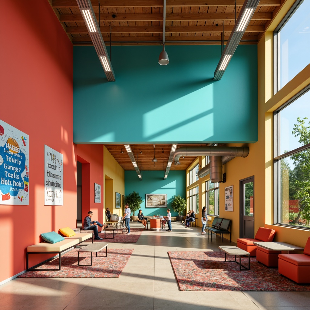 Prompt: Vibrant youth center, energetic atmosphere, bold color scheme, bright coral walls, lively turquoise accents, warm beige floors, modern minimalist furniture, sleek metal fixtures, playful patterned rugs, inspirational quotes, natural light pouring in, large windows, open spaces, collaborative zones, cozy reading nooks, dynamic lighting, 1/1 composition, shallow depth of field, realistic textures.