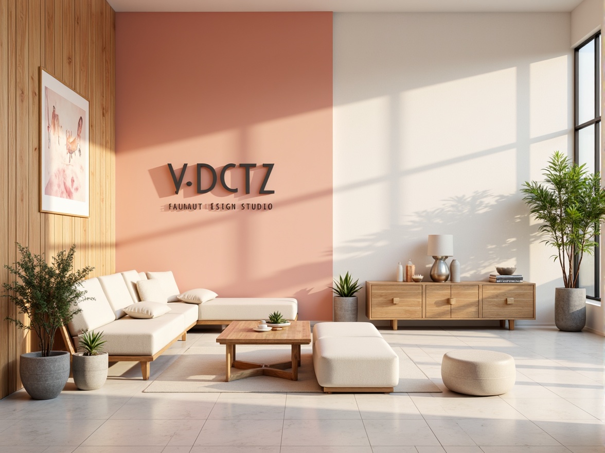 Prompt: Vibrant design studio, modern minimalist aesthetic, bold typography, pastel color scheme, soft peach tones, creamy whites, rich charcoal grays, natural wood textures, sleek metal accents, geometric patterns, abstract shapes, warm ambient lighting, shallow depth of field, 1/1 composition, realistic renderings, subtle gradient effects.