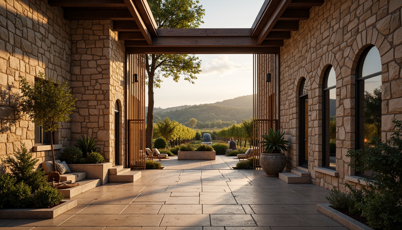 Prompt: Rustic winery facade, stone walls, wooden accents, ornate metalwork, grand entrance gates, vineyard views, rolling hills, Tuscan countryside, warm golden lighting, soft focus, shallow depth of field, 1/2 composition, symmetrical architecture, classic Renaissance style, arched windows, decorative cornices, rustic stonework, earthy tones, natural textures, ambient occlusion.