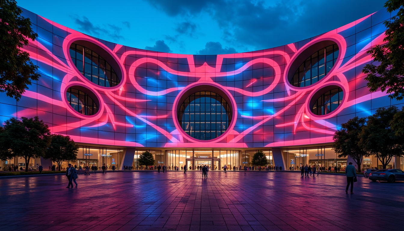 Prompt: Vibrant stadium facade, dynamic curves, bold angular lines, futuristic expressionist architecture, neon-lit LED lights, abstract geometric patterns, irregular shapes, clashing colors, distorted proportions, oversized arches, sweeping cantilevers, dramatic shadows, high-contrast lighting, 1/2 composition, low-angle shot, cinematic atmosphere, realistic materials, ambient occlusion.