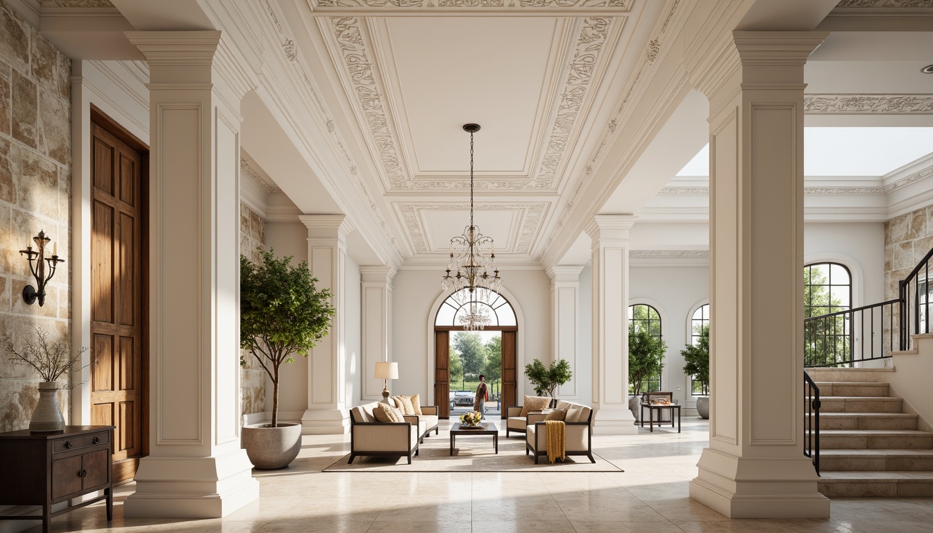 Prompt: Ornate plaster ceilings, decorative moldings, smooth white finishes, textured walls, rustic stone effects, Venetian plaster techniques, luxurious interior designs, grand entrance halls, sweeping staircases, elegant chandeliers, soft warm lighting, shallow depth of field, 3/4 composition, realistic textures, ambient occlusion.