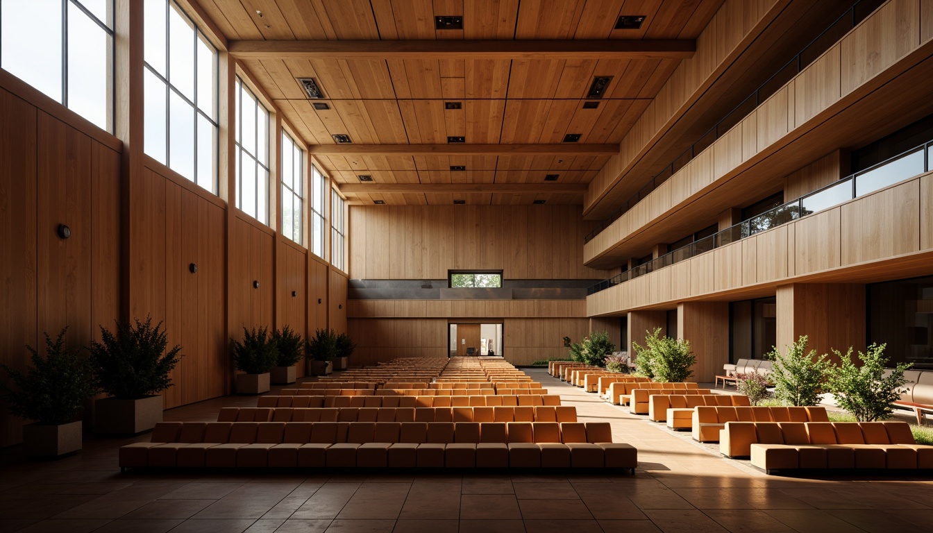 Prompt: Grand auditorium, high ceilings, expansive windows, natural light pouring in, warm wooden tones, comfortable seating, state-of-the-art sound systems, minimal ornamentation, sleek modern architecture, subtle color palette, soft diffused lighting, 1/1 composition, realistic textures, ambient occlusion.