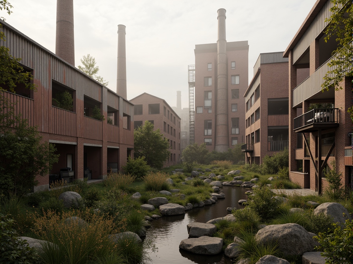 Prompt: Industrial factory complex, rustic brick buildings, corrugated metal roofs, worn concrete walls, vintage machinery, abandoned chimneys, overgrown vegetation, wildflowers, meandering streams, misty atmosphere, soft warm lighting, shallow depth of field, 3/4 composition, panoramic view, realistic textures, ambient occlusion, regionalism-inspired architecture, modern industrial design, functional spaces, exposed ductwork, metal catwalks, reclaimed wood accents, earthy color palette, natural stone pathways, weathered steel bridges.