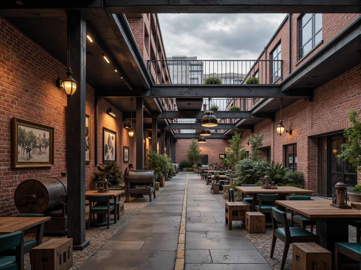 Prompt: Rustic industrial factory, exposed brick walls, metallic beams, reclaimed wood accents, distressed concrete floors, vintage machinery, urban cityscape, cloudy grey sky, warm soft lighting, shallow depth of field, 1/1 composition, realistic textures, ambient occlusion, worn wooden crates, old-fashioned lanterns, faded signage, eclectic mix of materials, post-industrial aesthetic, nostalgic atmosphere.