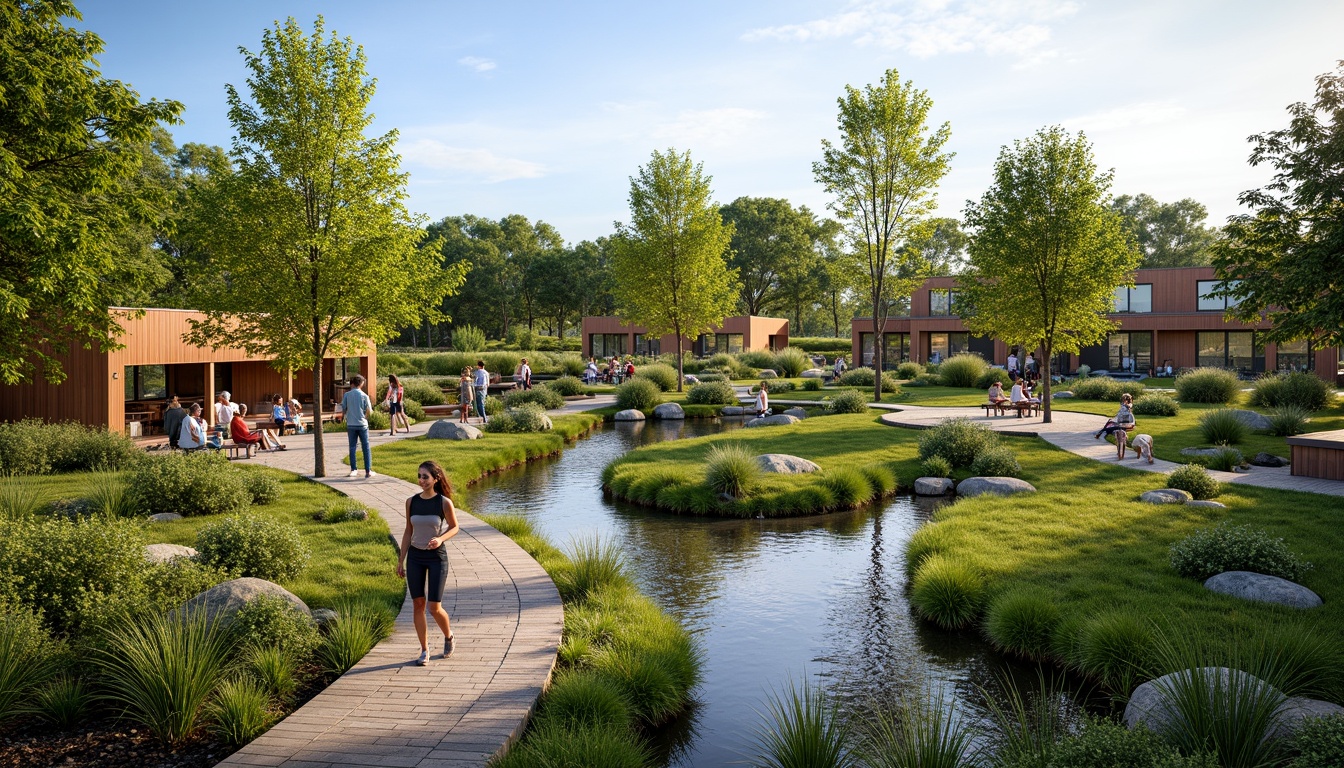 Prompt: Serene fitness club, natural wetland surroundings, lush greenery, tranquil water features, wooden boardwalks, native plant species, meandering streams, rustic stone pathways, modern outdoor exercise equipment, shaded workout areas, eco-friendly materials, sustainable design, abundant birdlife, warm sunny day, soft diffused lighting, shallow depth of field, 3/4 composition, panoramic view, realistic textures, ambient occlusion.