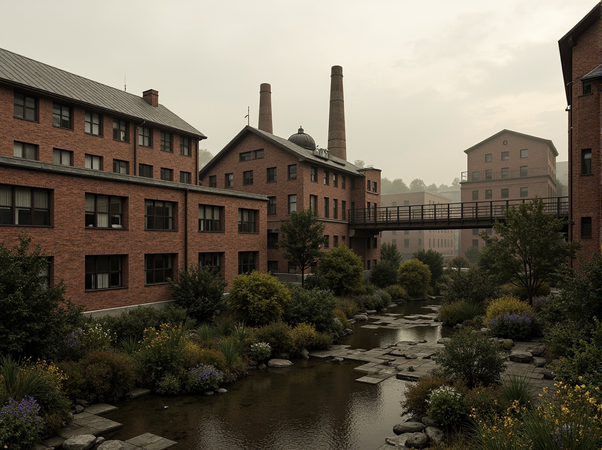 Prompt: Industrial factory complex, rustic brick buildings, corrugated metal roofs, worn concrete walls, vintage machinery, abandoned chimneys, overgrown vegetation, wildflowers, meandering streams, misty atmosphere, soft warm lighting, shallow depth of field, 3/4 composition, panoramic view, realistic textures, ambient occlusion, regionalism-inspired architecture, modern industrial design, functional spaces, exposed ductwork, metal catwalks, reclaimed wood accents, earthy color palette, natural stone pathways, weathered steel bridges.