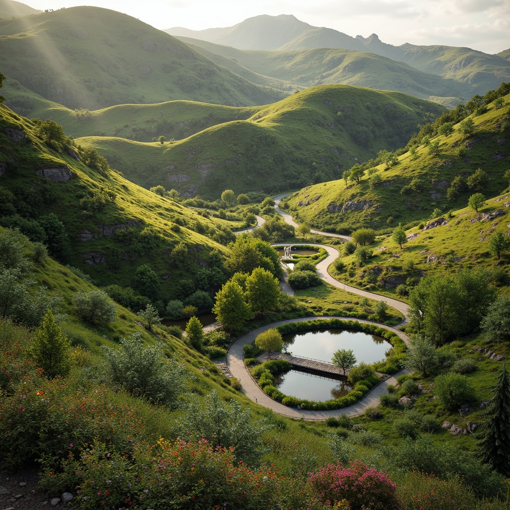 Prompt: Undulating hills, serpentine roads, winding water features, organic curvilinear forms, harmonious landscape integration, lush green vegetation, vibrant wildflowers, meandering pathways, rustic stone walls, wooden bridges, tranquil ponds, reflective surfaces, soft warm lighting, shallow depth of field, 1/1 composition, panoramic view, realistic textures, ambient occlusion.