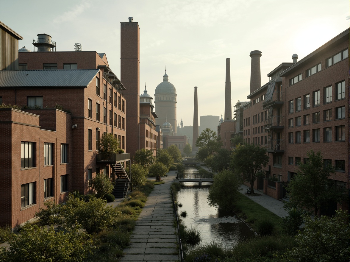 Prompt: Industrial factory complex, rustic brick buildings, corrugated metal roofs, worn concrete walls, vintage machinery, abandoned chimneys, overgrown vegetation, wildflowers, meandering streams, misty atmosphere, soft warm lighting, shallow depth of field, 3/4 composition, panoramic view, realistic textures, ambient occlusion, regionalism-inspired architecture, modern industrial design, functional spaces, exposed ductwork, metal catwalks, reclaimed wood accents, earthy color palette, natural stone pathways, weathered steel bridges.