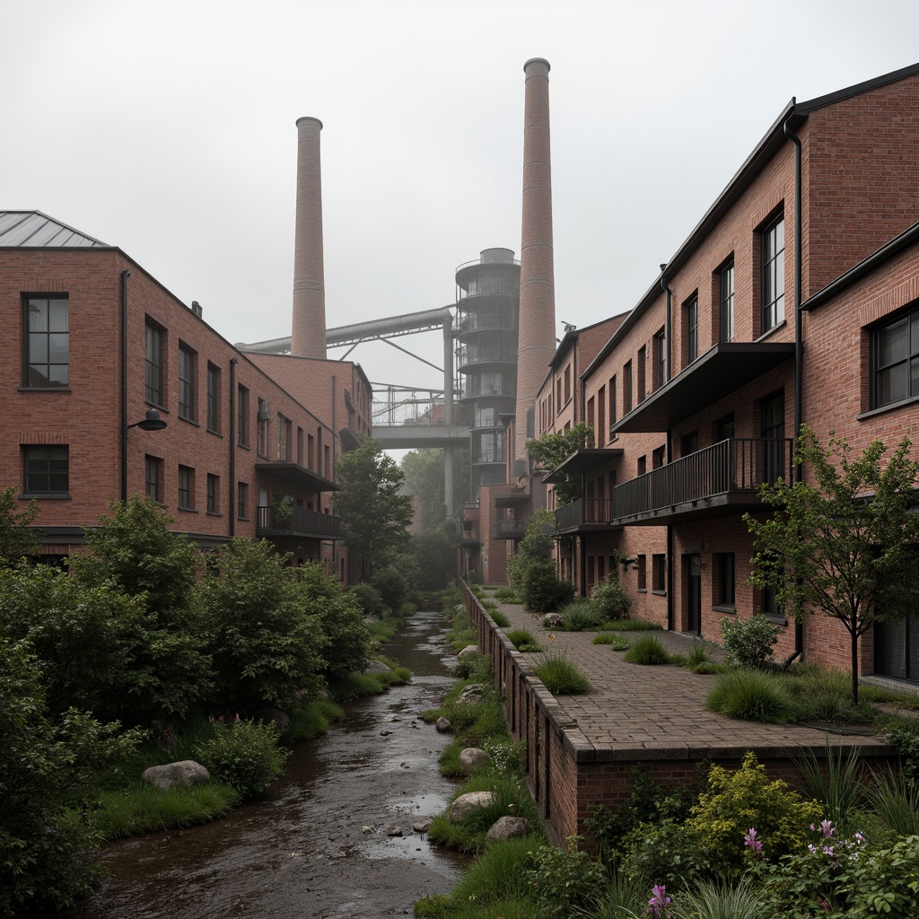 Prompt: Industrial factory complex, rustic brick buildings, corrugated metal roofs, worn concrete walls, vintage machinery, abandoned chimneys, overgrown vegetation, wildflowers, meandering streams, misty atmosphere, soft warm lighting, shallow depth of field, 3/4 composition, panoramic view, realistic textures, ambient occlusion, regionalism-inspired architecture, modern industrial design, functional spaces, exposed ductwork, metal catwalks, reclaimed wood accents, earthy color palette, natural stone pathways, weathered steel bridges.