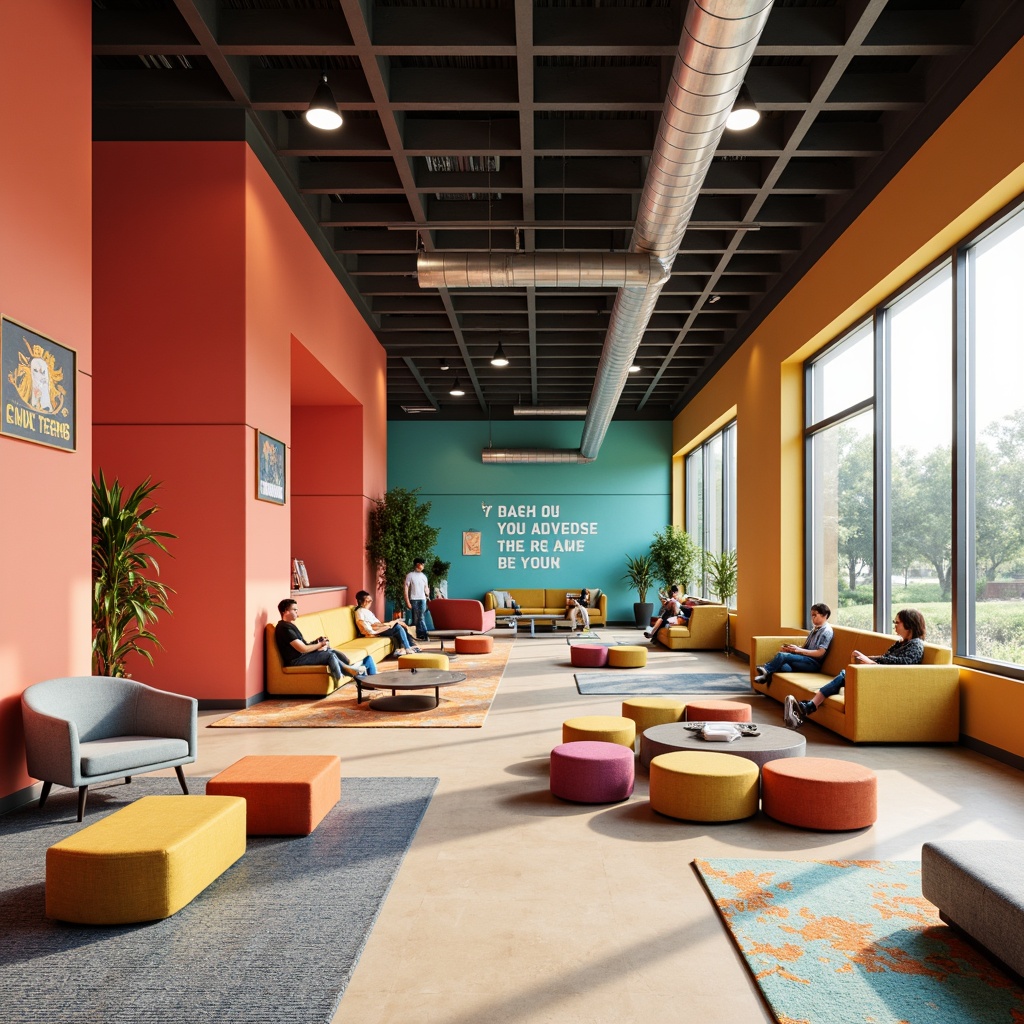 Prompt: Vibrant youth center, energetic atmosphere, bold color scheme, bright coral walls, lively turquoise accents, warm beige floors, modern minimalist furniture, sleek metal fixtures, playful patterned rugs, inspirational quotes, natural light pouring in, large windows, open spaces, collaborative zones, cozy reading nooks, dynamic lighting, 1/1 composition, soft focus, realistic textures.