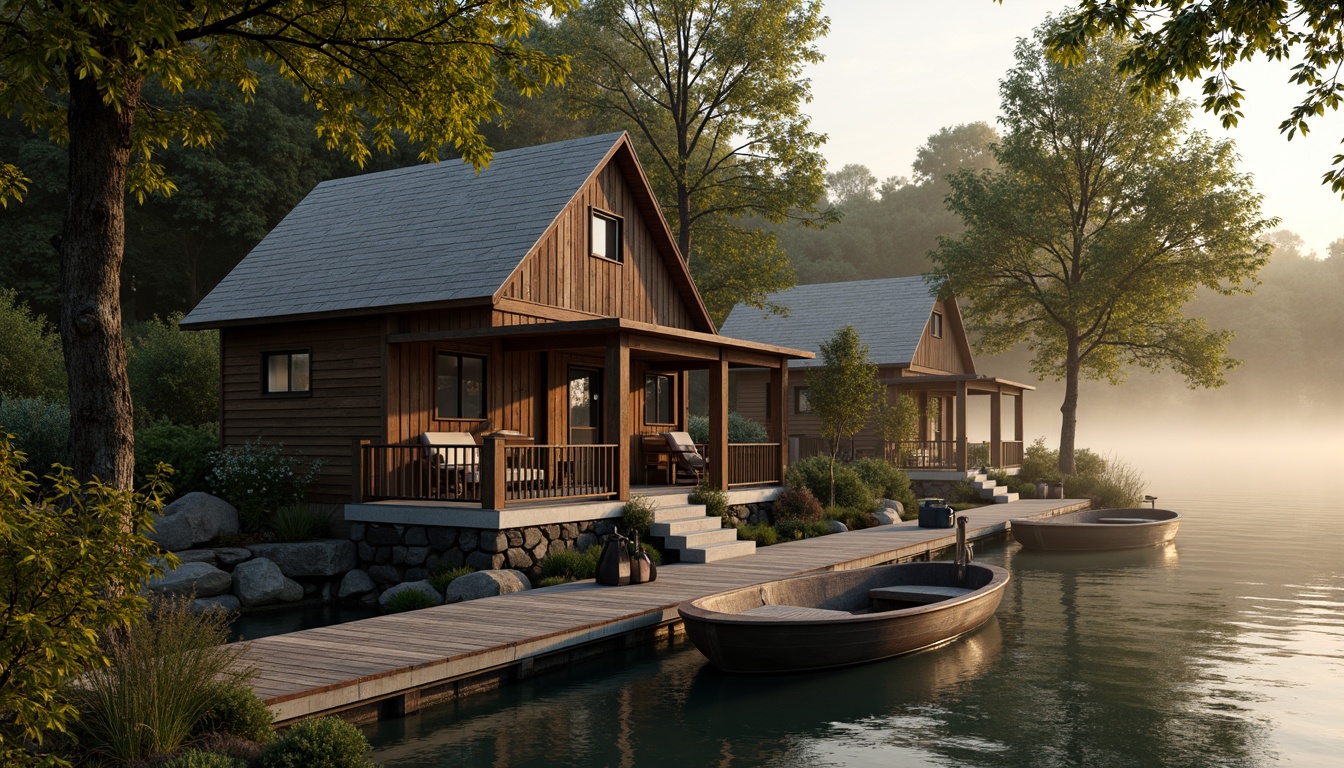 Prompt: Rustic boathouse, wooden dock, serene lake waters, lush greenery, overhanging trees, vintage nautical elements, distressed wood textures, earthy color palette, natural stone foundations, classic architectural details, ornate metalwork, lantern-style lighting, warm golden hour, soft misty atmosphere, shallow depth of field, 1/2 composition, symmetrical framing, realistic water reflections, ambient occlusion.