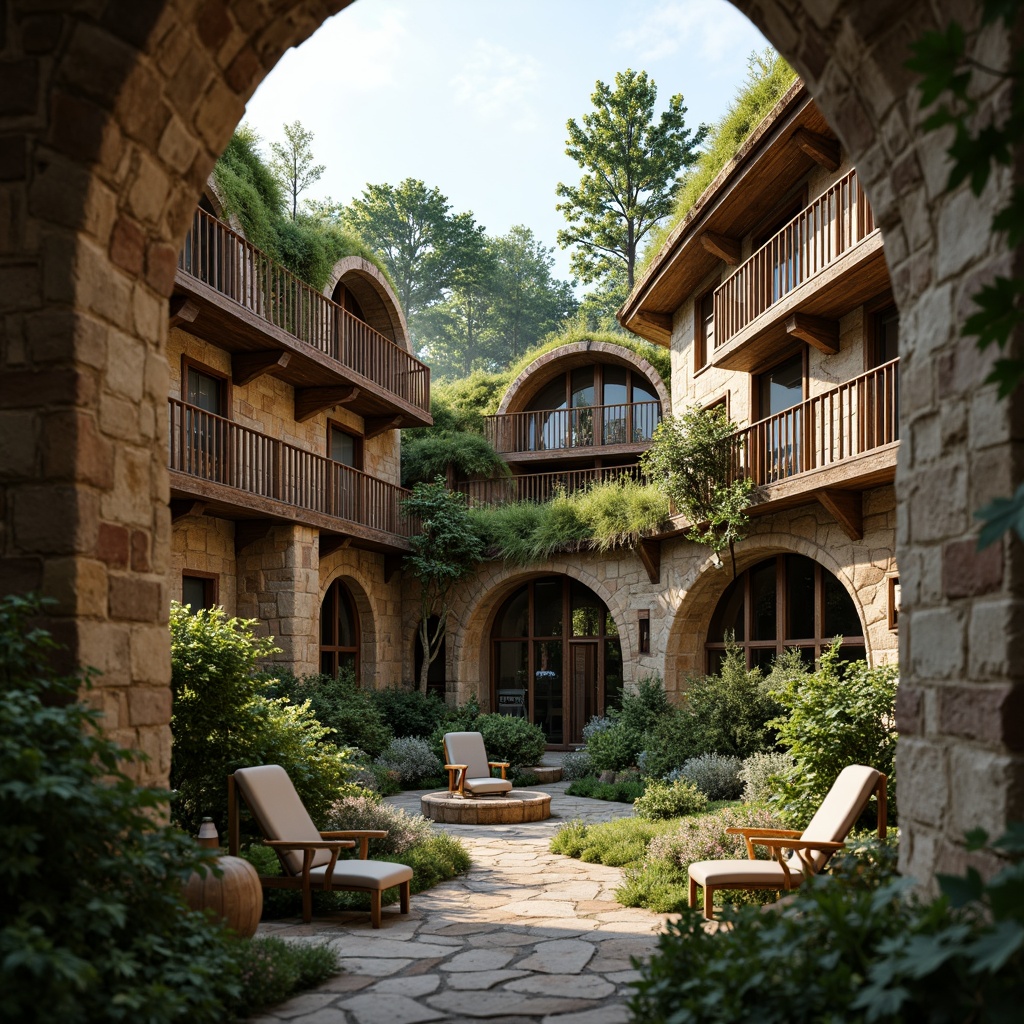 Prompt: Rustic monastery buildings, organic architecture, earthy tones, natural stone walls, wooden accents, curved lines, arched windows, stained glass details, intricate carvings, textured surfaces, rough-hewn stones, moss-covered roofs, lush greenery, serene atmosphere, soft warm lighting, shallow depth of field, 1/1 composition, realistic textures, ambient occlusion.