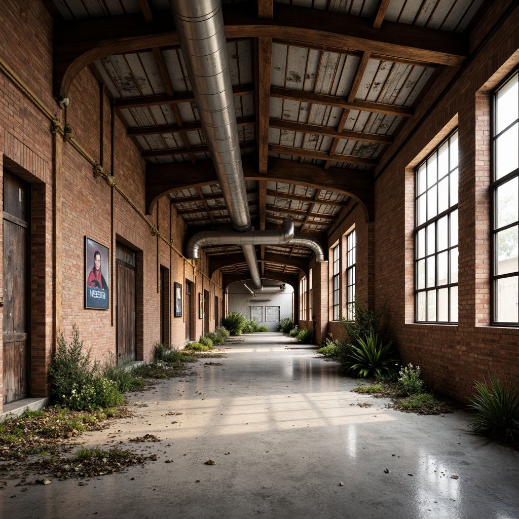 Prompt: Rustic industrial landscape, abandoned factories, worn brick walls, distressed metal roofs, reclaimed wood accents, earthy tones, natural textures, regional materials, local craftsmanship, exposed ductwork, concrete floors, steel beams, functional minimalism, industrial chic aesthetic, warm soft lighting, shallow depth of field, 1/1 composition, realistic renderings, ambient occlusion.