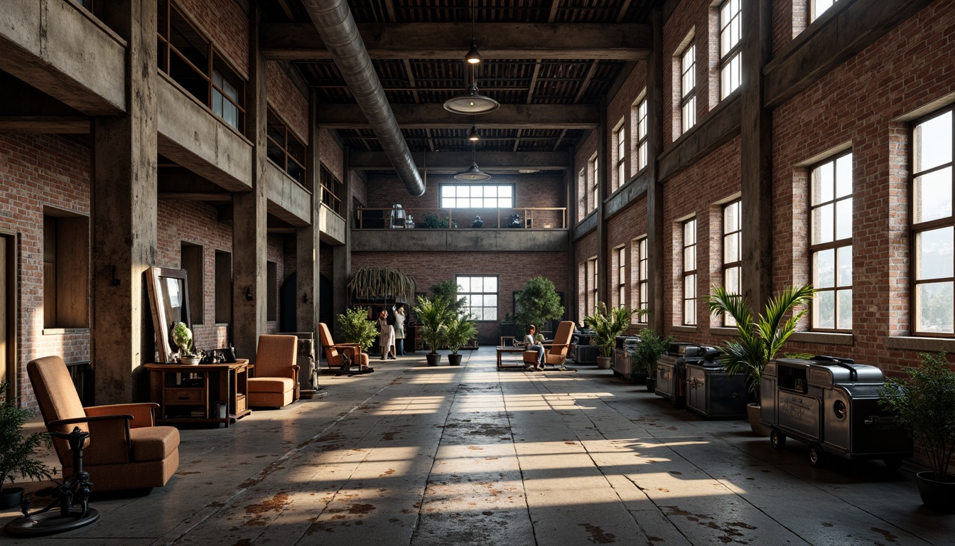 Prompt: Industrial factory setting, exposed brick walls, metal beams, worn wooden floors, vintage machinery, distressed textures, earthy tones, muted colors, rusty reds, weathered blues, faded yellows, industrial greys, urban atmosphere, gritty realism, high contrast lighting, dramatic shadows, cinematic composition, 1/2 camera angle, realistic renderings, ambient occlusion.