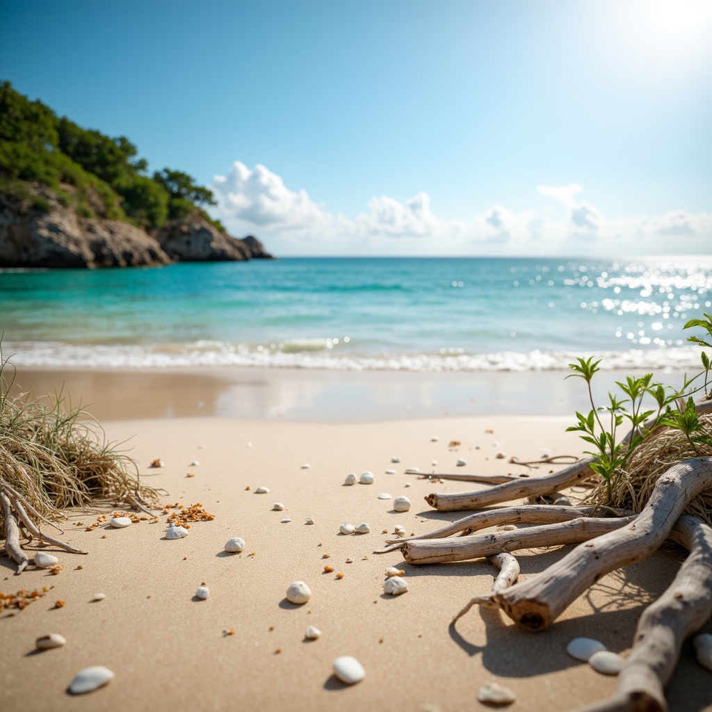 Prompt: Warm sandy shores, crystal-clear turquoise waters, driftwood accents, sea salt textures, ocean breeze, sunny day, soft warm lighting, shallow depth of field, 3/4 composition, panoramic view, realistic water effects, ambient occlusion, calming color palette, soothing blues and whites, natural earthy tones, weathered wooden planks, beachy pastel hues, gentle wave patterns, seashell decorations, nautical ropes, ocean-inspired typography.