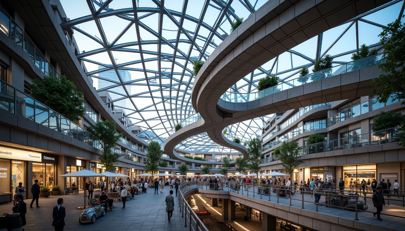 Prompt: Futuristic transportation hub, curved metallic structures, dynamic LED lighting, sleek glass fa\u00e7ades, angular steel beams, cantilevered roofs, elevated walkways, bustling pedestrian zones, vibrant urban landscapes, morning rush hour atmosphere, soft natural light, shallow depth of field, 1/2 composition, panoramic view, realistic reflections, ambient occlusion, intricate network patterns, high-tech materials, sustainable energy systems, green roofs, innovative ventilation technologies.