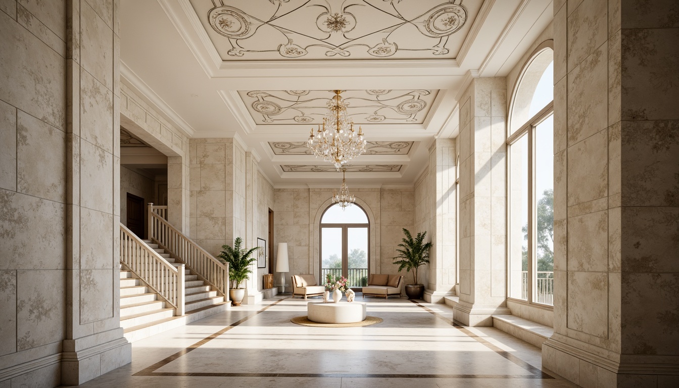 Prompt: Ornate plaster ceilings, decorative moldings, smooth white finishes, textured walls, rustic stone effects, Venetian plaster techniques, luxurious interior designs, grand entrance halls, sweeping staircases, elegant chandeliers, soft warm lighting, shallow depth of field, 3/4 composition, realistic textures, ambient occlusion.