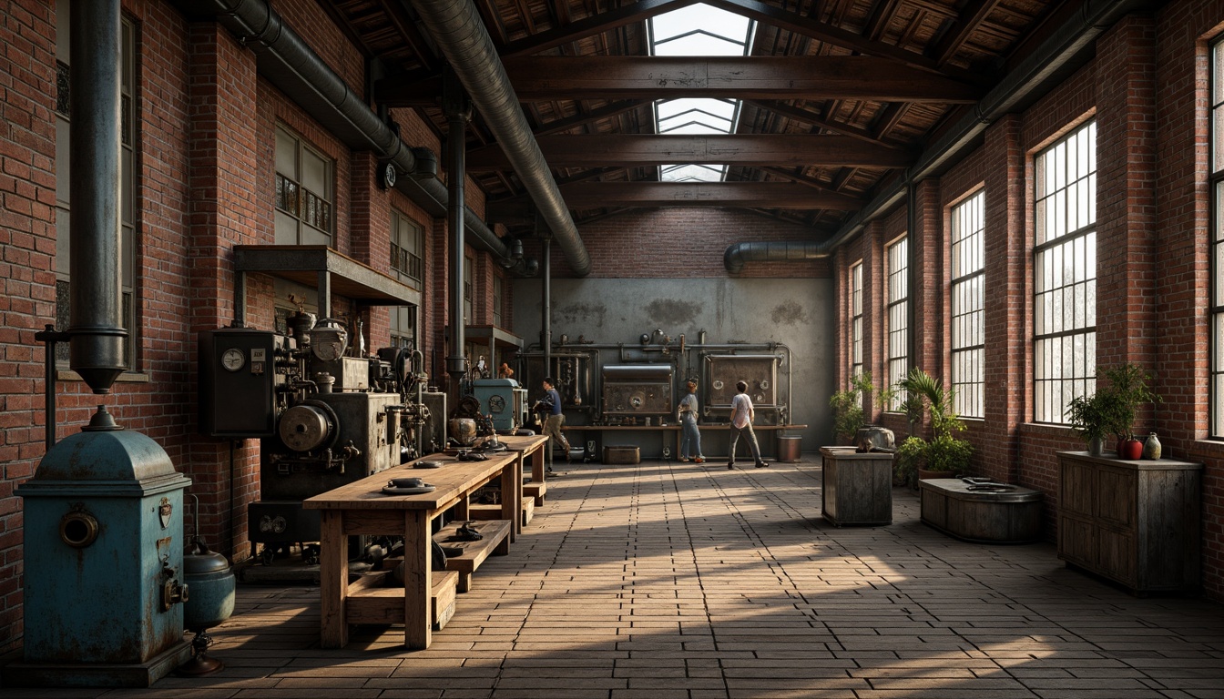 Prompt: Industrial factory setting, exposed brick walls, metal beams, worn wooden floors, vintage machinery, distressed textures, earthy tones, muted colors, rusty reds, weathered blues, faded yellows, industrial greys, urban atmosphere, gritty realism, high contrast lighting, dramatic shadows, cinematic composition, 1/2 camera angle, realistic renderings, ambient occlusion.