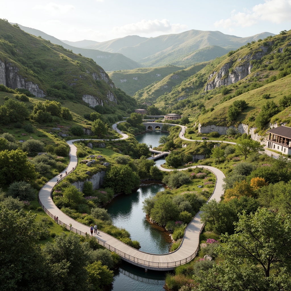 Prompt: Undulating hills, serpentine roads, winding water features, organic curvilinear buildings, fluid architecture, harmonious landscape integration, lush greenery, vibrant wildflowers, meandering pathways, natural stone walls, rustic wooden bridges, soft warm lighting, shallow depth of field, 3/4 composition, panoramic view, realistic textures, ambient occlusion.