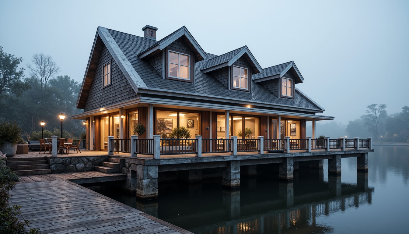 Prompt: Waterfront location, wooden dock, rustic boathouse, classic nautical theme, weathered wood accents, white trim details, pitched rooflines, dormer windows, natural stone foundation, ornate metal railings, lantern-style lighting, soft warm glow, misty morning atmosphere, shallow depth of field, 1/1 composition, realistic textures, ambient occlusion.