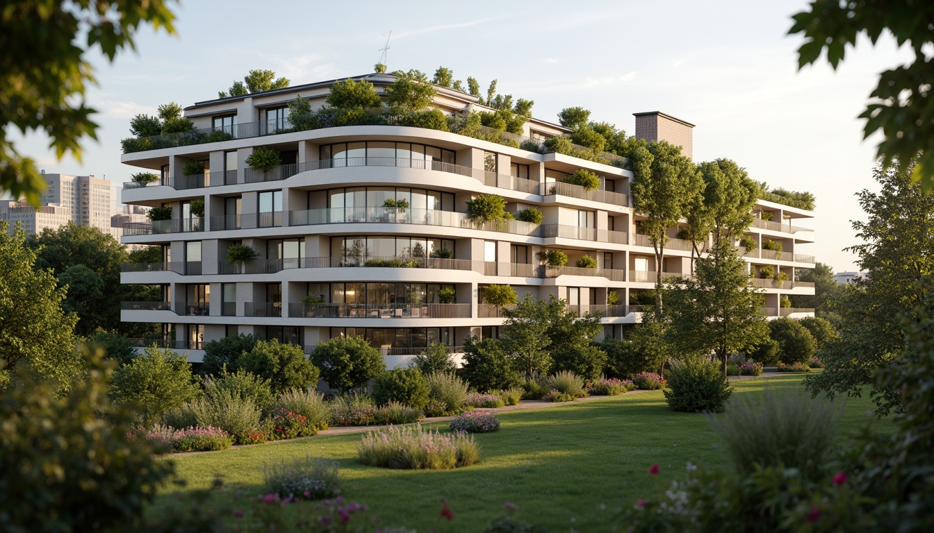 Prompt: Eco-friendly apartment building, curved blob-like shape, green roofs, solar panels, wind turbines, rainwater harvesting systems, recycled materials, natural ventilation, large windows, minimal ornamentation, soft warm lighting, shallow depth of field, 3/4 composition, panoramic view, realistic textures, ambient occlusion, lush greenery, vibrant flowers, urban forest, morning sunlight, gentle breeze, peaceful atmosphere.