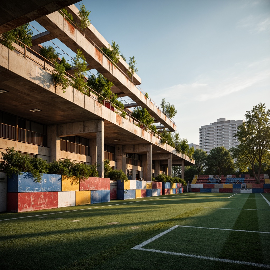 Prompt: Vibrant stadium, expressionist architecture, bold concrete structures, rough stone walls, rusty metal beams, distressed wood accents, abstract geometric patterns, dynamic lighting effects, intense color contrasts, dramatic shadows, atmospheric misting systems, lush greenery, artificial turf, sports equipment, goalposts, bleachers, spectator seats, urban cityscape backdrop, warm golden hour, cinematic composition, shallow depth of field, realistic textures, ambient occlusion.