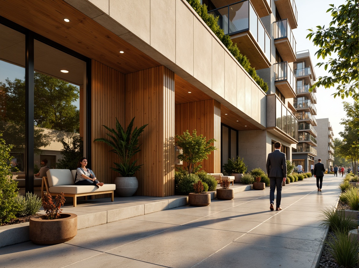 Prompt: Warm beige exterior walls, large glass windows, wooden accents, modern minimalist design, inviting entrance, outdoor seating area, lush greenery, potted plants, natural stone flooring, rustic metal decorations, soft warm lighting, shallow depth of field, 1/1 composition, realistic textures, ambient occlusion, urban cityscape, busy street scene, morning sunlight, gentle breeze.